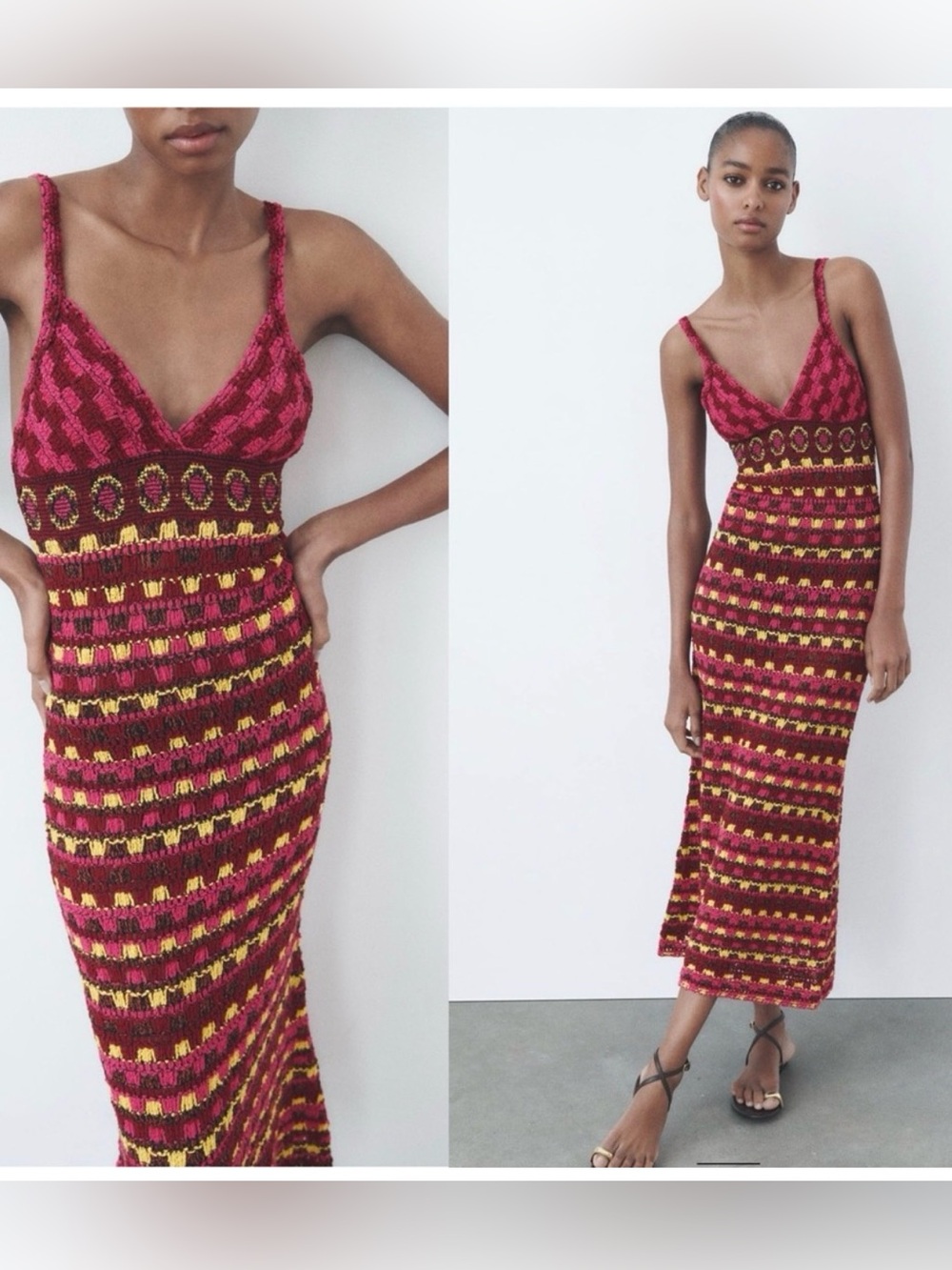 Zara Pink Multicolor Crochet V-Neck Maxi Dress